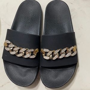 Brand new CATHERINE black sandals with gold and sparkling cz size 9